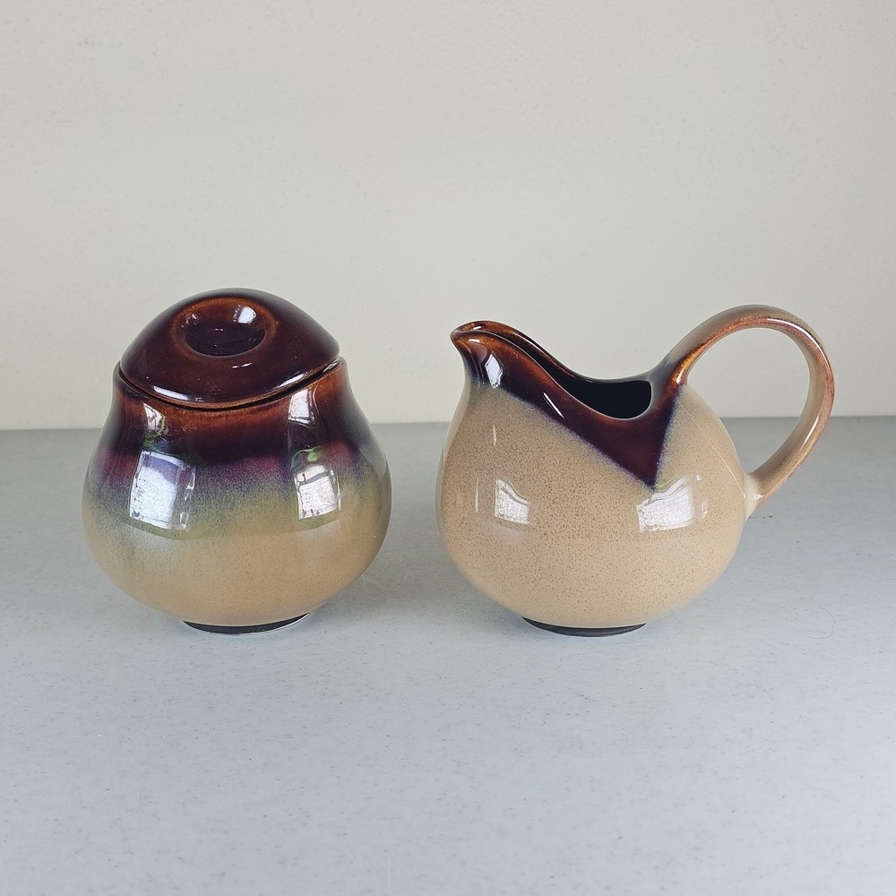 Sango Nova Brown Mottled Drip Glaze Pottery‎ Creamer & Sugar Bowl Set Model 4933